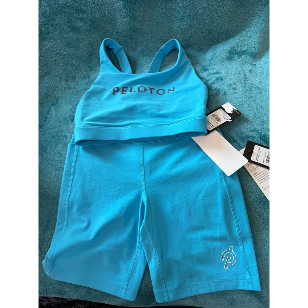 Peloton Essentials Cadent Sports Bra and Pocket Shorts Set Blue XS NWT